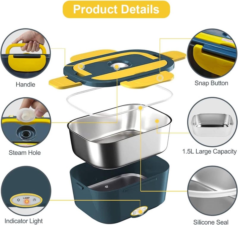 FVW [ 2025 Upgrade]Electric Lunch Box 1.5L Food Heater, Portable 60W Food Warmer for Car and Home, with Detachable 304 Stainless Steel Container Fork and Spoon - Image 5